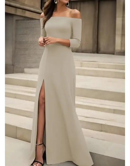 Kadın Uzun Kollu Madonna Yakalı Yırtmaç Detaylı Uzun Ithal Krep Elbise