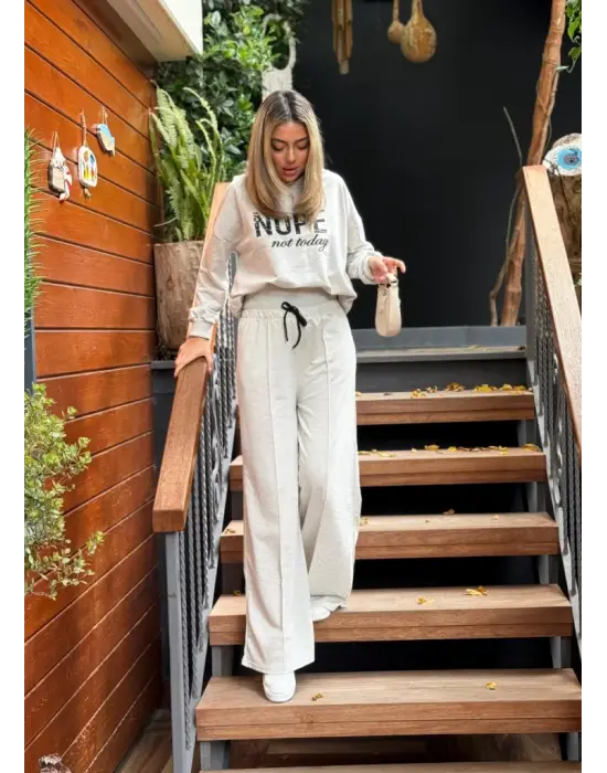 Kadın Uzun Kollu Nope Baskılı Beli Ribanalı Ikili Takım