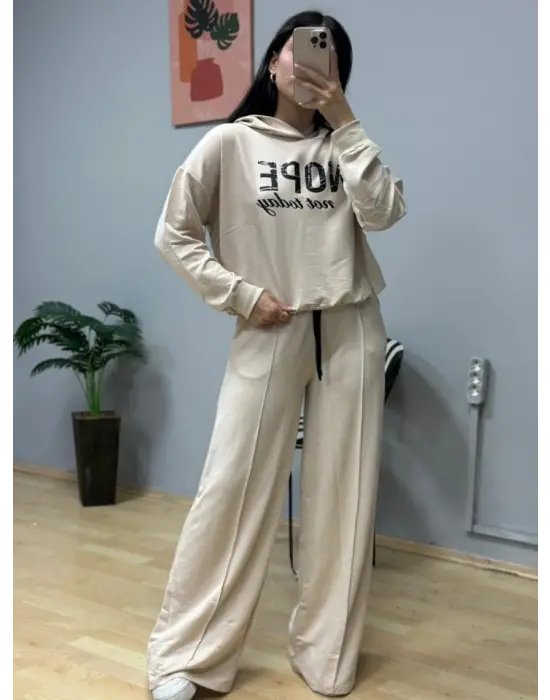 Kadın Uzun Kollu Nope Baskılı Beli Ribanalı Ikili Takım