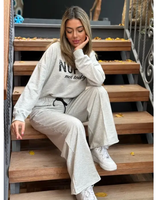 Kadın Uzun Kollu Nope Baskılı Beli Ribanalı Ikili Takım