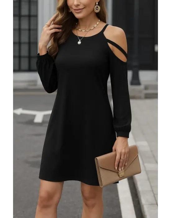 Kadın Uzun Kollu Omuz Açık Askı Detay Viskon Mini Boy Elbise