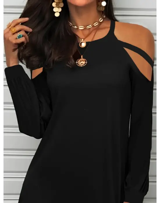 Kadın Uzun Kollu Omuz Açık Askı Detay Viskon Mini Boy Elbise