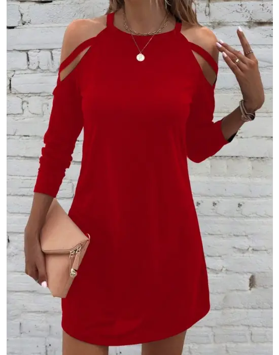 Kadın Uzun Kollu Omuz Açık Viskon Elbise