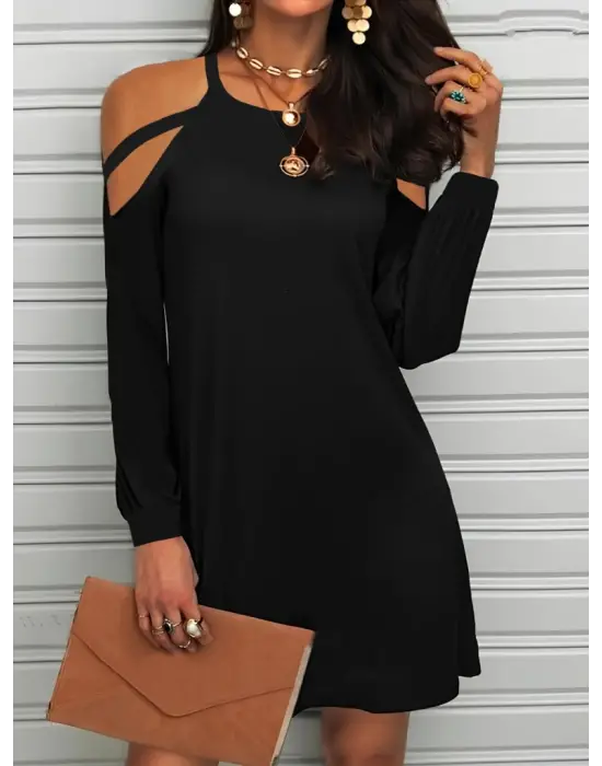 Kadın Uzun Kollu Omuz Açık Askı Detay Viskon Mini Boy Elbise