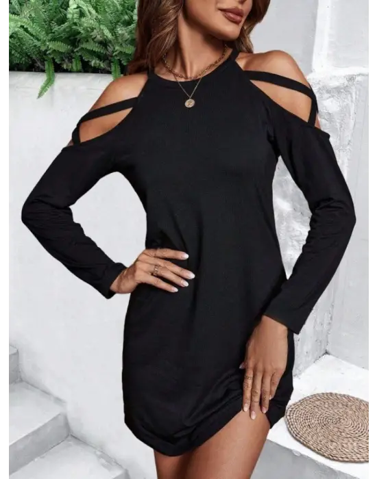 Kadın Uzun Kollu Omuz Açık Askı Detay Viskon Mini Boy Elbise