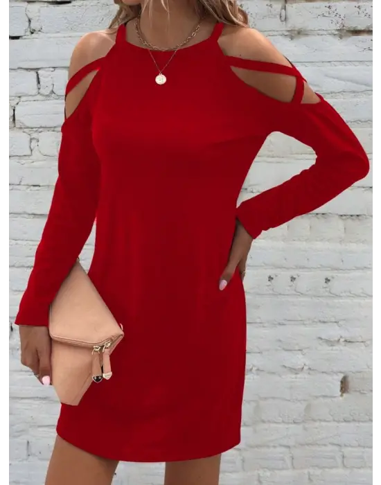 Kadın Uzun Kollu Omuz Açık Viskon Elbise