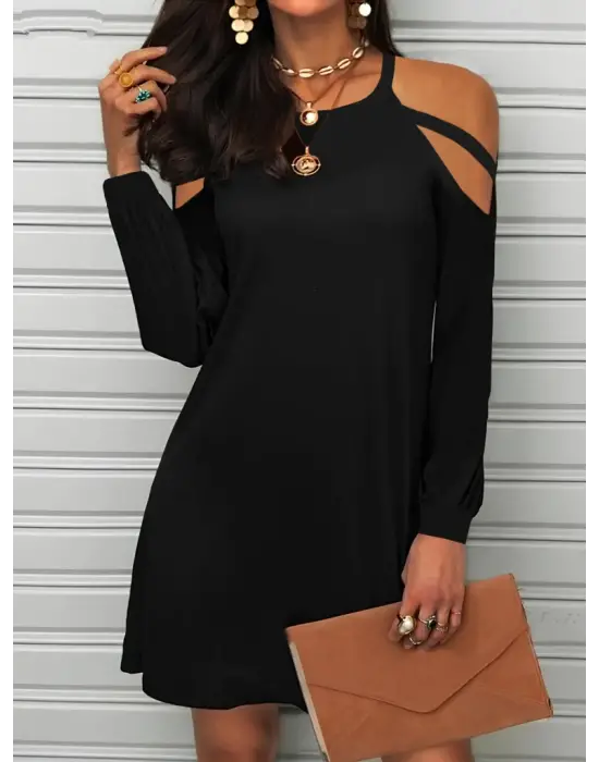 Kadın Uzun Kollu Omuz Açık Askı Detay Viskon Mini Boy Elbise