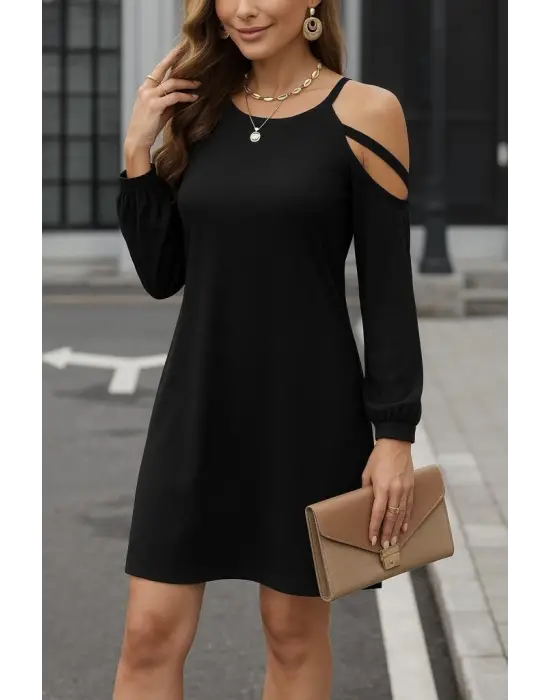 Kadın Uzun Kollu Omuz Açık Askı Detay Viskon Mini Boy Elbise