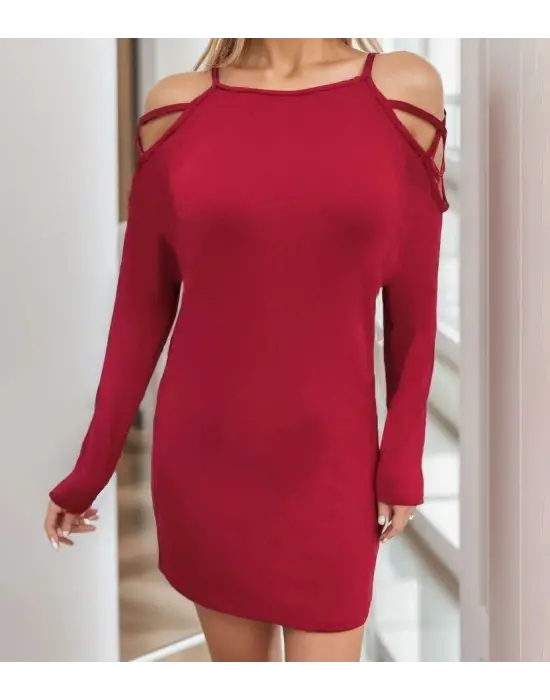 Kadın Uzun Kollu Omuz Açık Askı Detay Viskon Mini Boy Elbise