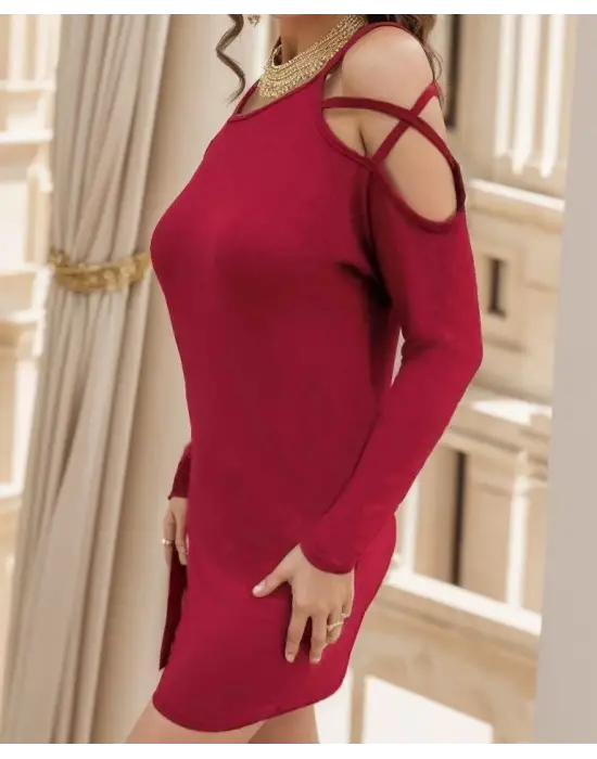 Kadın Uzun Kollu Omuz Açık Askı Detay Viskon Mini Boy Elbise