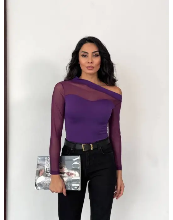 Kadın Uzun Kollu Omuz Dekoltesi Ve Transparan Tül Detay Bluz