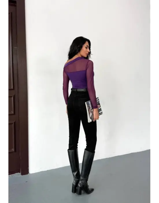 Kadın Uzun Kollu Omuz Dekoltesi Ve Transparan Tül Detay Bluz