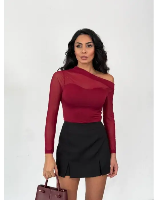 Kadın Uzun Kollu Omuz Dekoltesi Ve Transparan Tül Detay Bluz