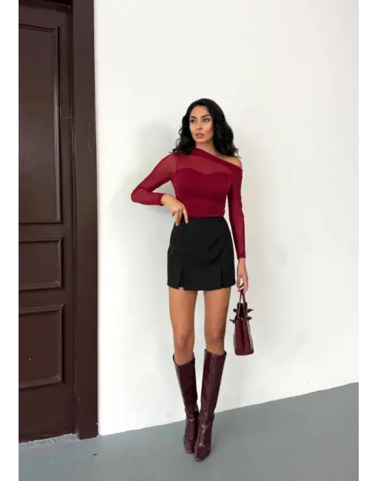 Kadın Uzun Kollu Omuz Dekoltesi Ve Transparan Tül Detay Bluz