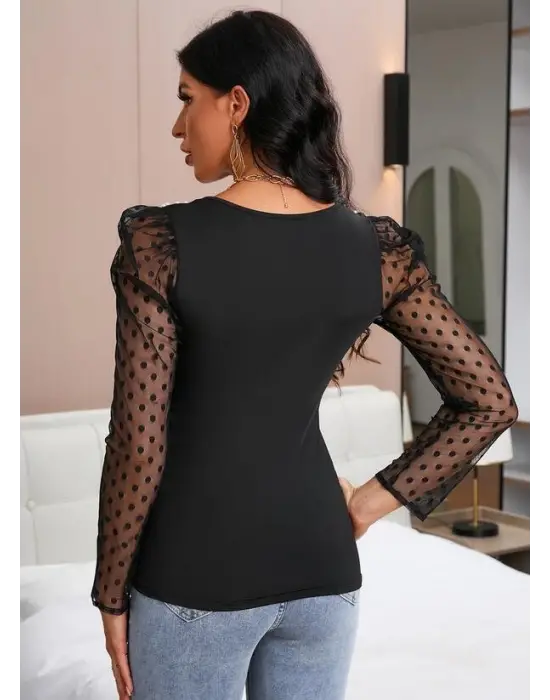 Kadın Uzun Kollu Omuz Inci Kollar Tül Detay Viskon Bluz
