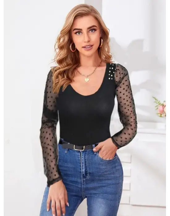 Kadın Uzun Kollu Omuz Inci Kollar Tül Detay Viskon Bluz