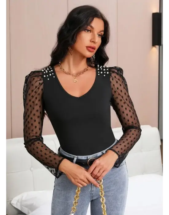 Omarı İnci Detaylı Kadın Uzun Kollu Viskon Bluz