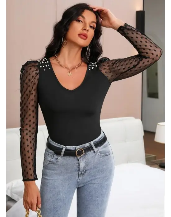 Kadın Uzun Kollu Omuz Inci Kollar Tül Detay Viskon Bluz