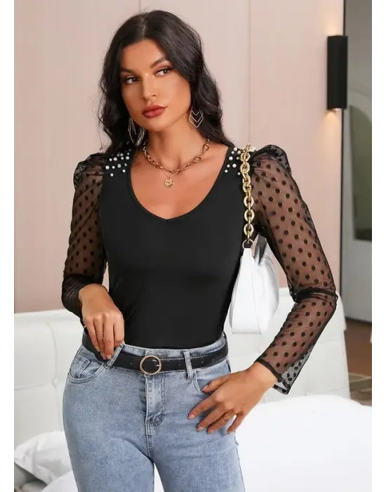 Kadın Uzun Kollu Omuz Inci Kollar Tül Detay Viskon Bluz