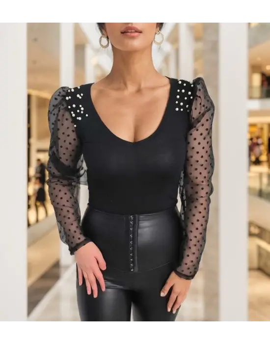 Omarı İnci Detaylı Kadın Uzun Kollu Viskon Bluz