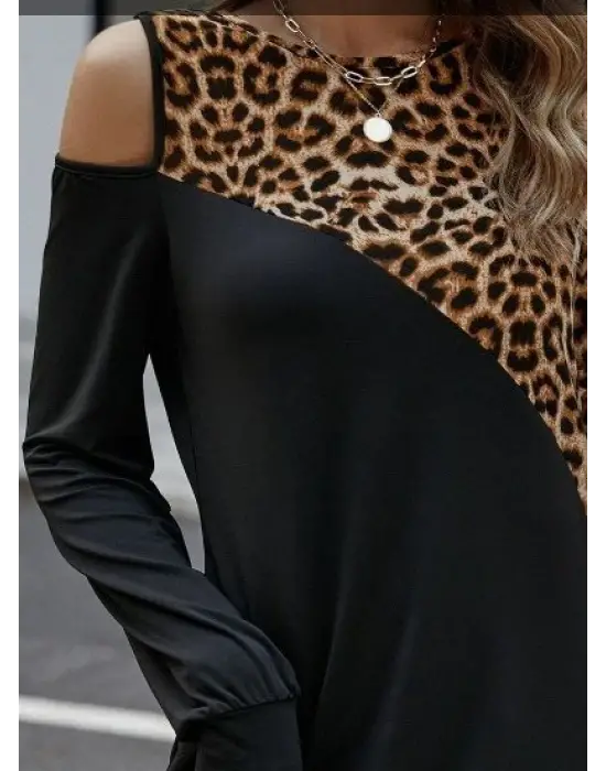 Kadın Uzun Kollu Omuzdan Açık Leopar Desenli Viskon Iki Iplik Mini Elbise