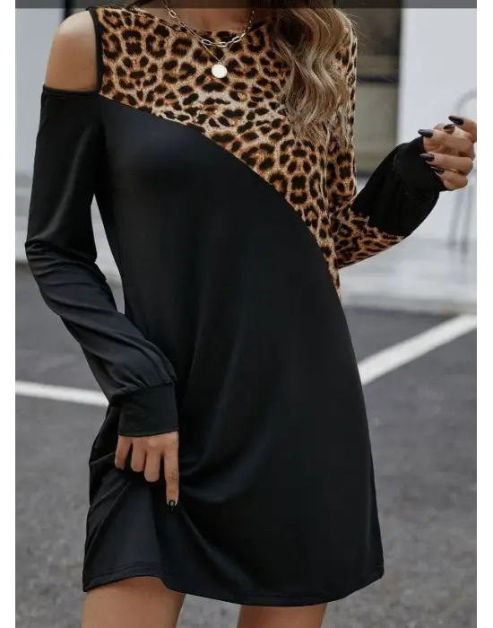 Kadın Uzun Kollu Omuzdan Açık Leopar Desenli Viskon Iki Iplik Mini Elbise