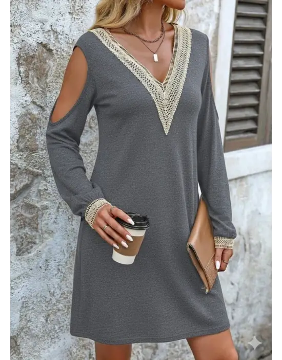 Kadın Uzun Kollu Omuzdan Açık V Dantel Yakalı Mini Waffle Elbise