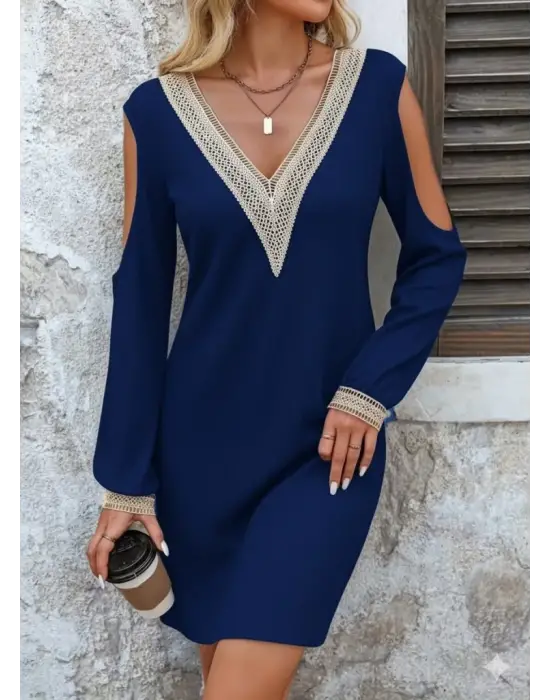Kadın Uzun Kollu Omuzdan Açık V Dantel Yakalı Mini Waffle Elbise