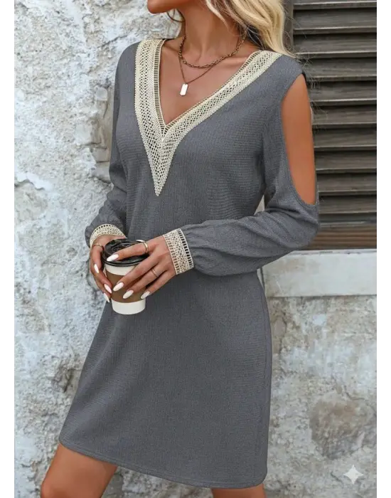 Kadın Uzun Kollu Omuzdan Açık V Dantel Yakalı Mini Waffle Elbise