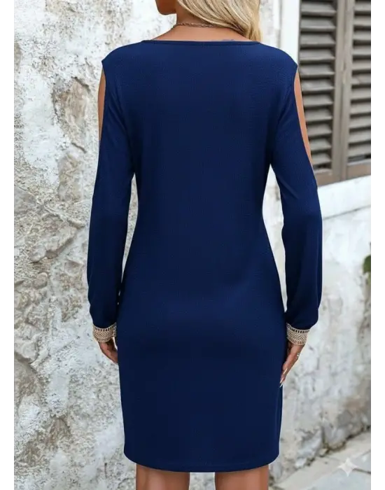 Kadın Uzun Kollu Omuzdan Açık V Dantel Yakalı Mini Waffle Elbise