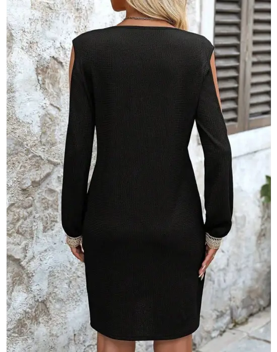 Kadın Uzun Kollu Omuzdan Açık V Dantel Yakalı Mini Waffle Elbise