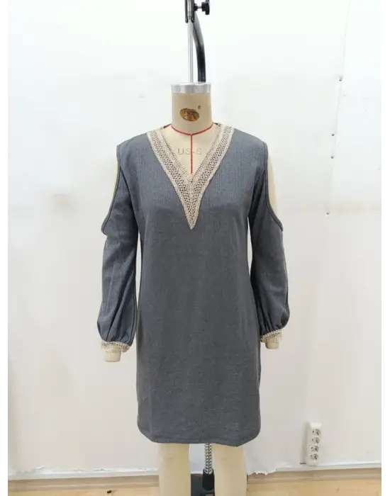 Kadın Uzun Kollu Omuzdan Açık V Dantel Yakalı Mini Waffle Elbise