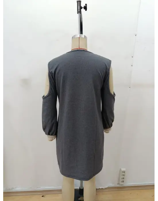 Kadın Uzun Kollu Omuzdan Açık V Dantel Yakalı Mini Waffle Elbise