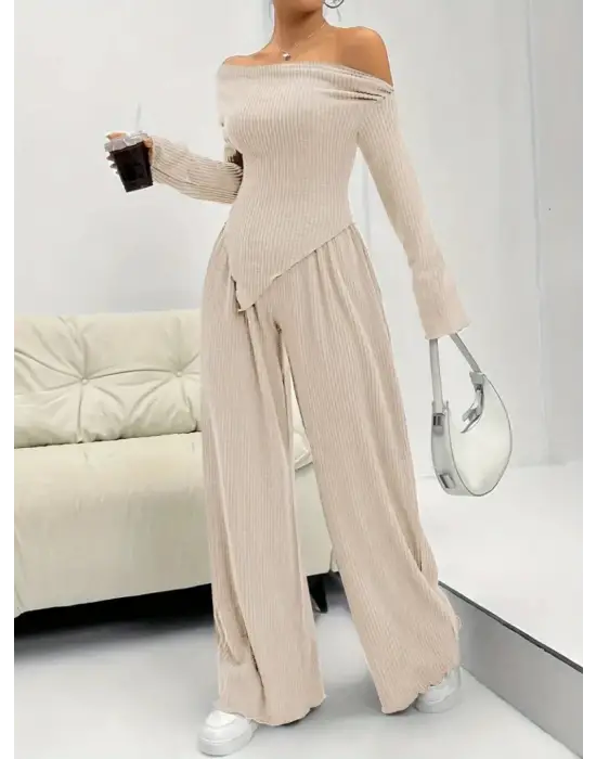 Kadın Uzun Kollu Omuzlardan Açık Asimetrik Kesim Kaşkorse Bluz Ve Pantolon Ikili Pantolon