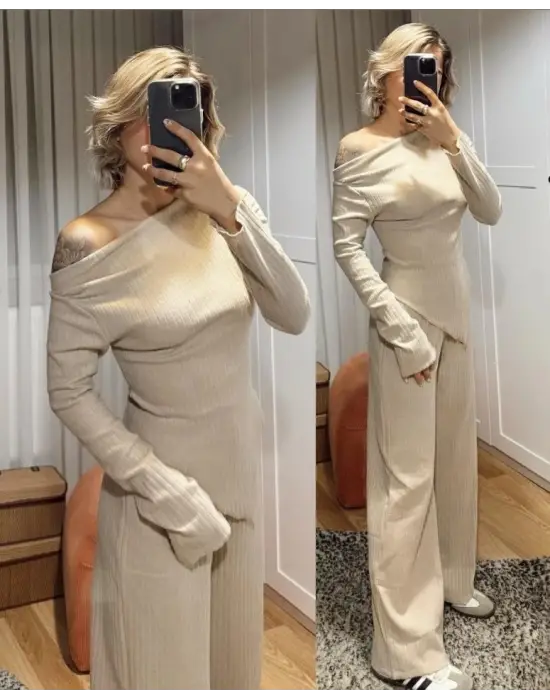 Kadın Uzun Kollu Omuzlardan Açık Asimetrik Kesim Kaşkorse Bluz Ve Pantolon Ikili Pantolon