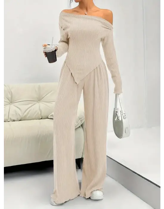 Kadın Uzun Kollu Omuzlardan Açık Asimetrik Kesim Kaşkorse Bluz Ve Pantolon Ikili Pantolon