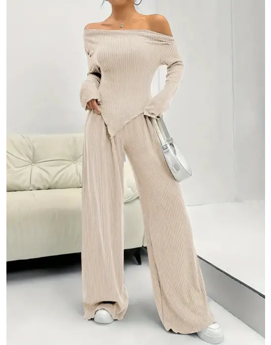 Kadın Uzun Kollu Omuzlardan Açık Asimetrik Kesim Kaşkorse Bluz Ve Pantolon Ikili Pantolon