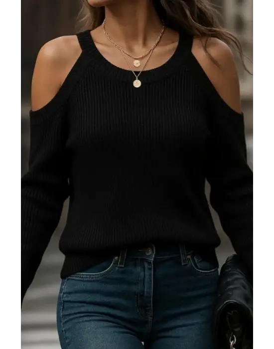 Kadın Uzun Kollu Omuzlardan Açık Askılı Yuvarlak Yaka Triko Bluz