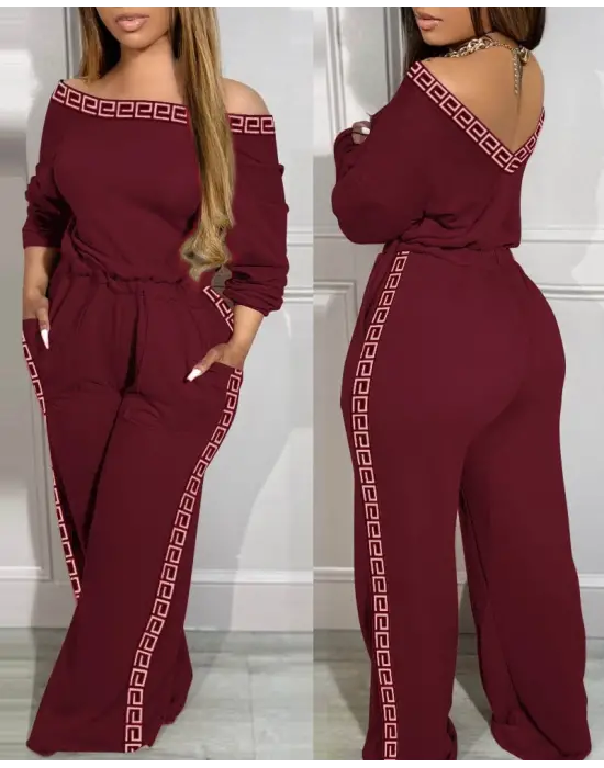 Kadın Uzun Kollu Omuzlardan Açık Beli Lastikli Cepli şerit Desenli Viskon Iki Iplik Tulum