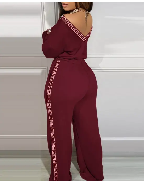 Kadın Uzun Kollu Omuzlardan Açık Beli Lastikli Cepli şerit Desenli Viskon Iki Iplik Tulum