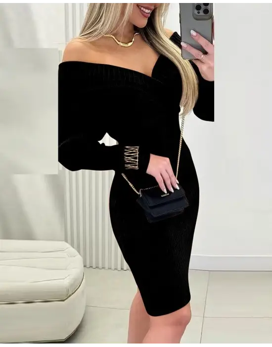 Kadın Uzun Kollu Omuzlardan Açık Kruvaze Yaka Kısa Triko Elbise