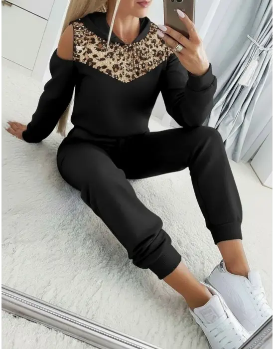 Modern Leopar Desenli İki Parça Kadın Takımı