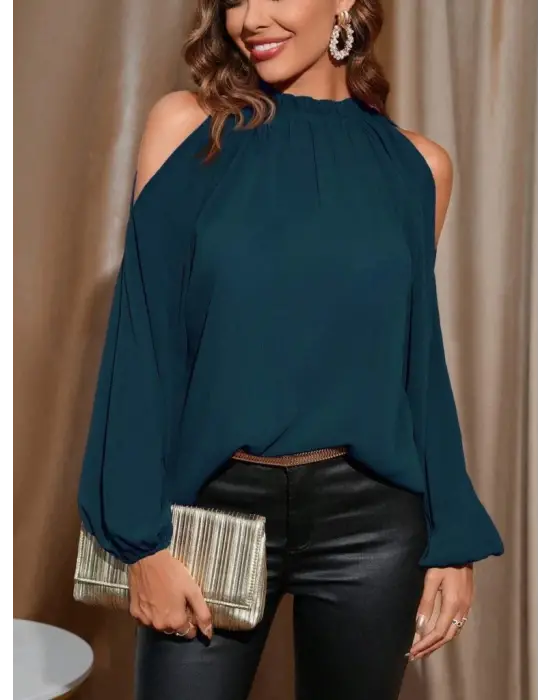 Kadın Uzun Kollu Omuzlardan Açık Sandy Bluz