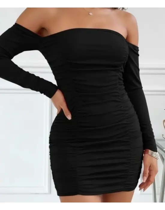 Kadın Uzun Kollu Omuzlardan Açık Takma Kollu Büzgülü Sandy Kısa Elbise