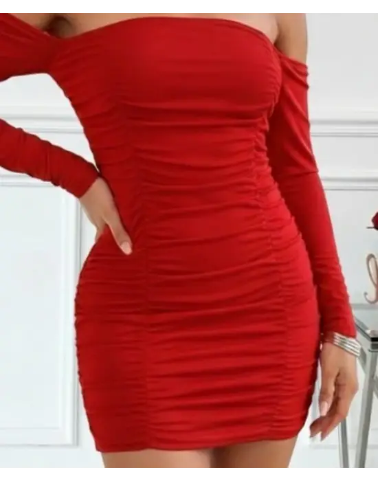 Kadın Uzun Kollu Omuzlardan Açık Takma Kollu Büzgülü Sandy Kısa Elbise