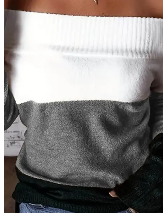 Kadın Uzun Kollu Omuzlardan Açık Uzun Kollu Blok çizgili Triko Bluz