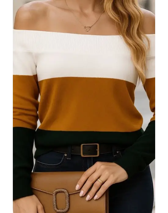 Kadın Uzun Kollu Omuzlardan Açık Uzun Kollu Blok çizgili Triko Bluz