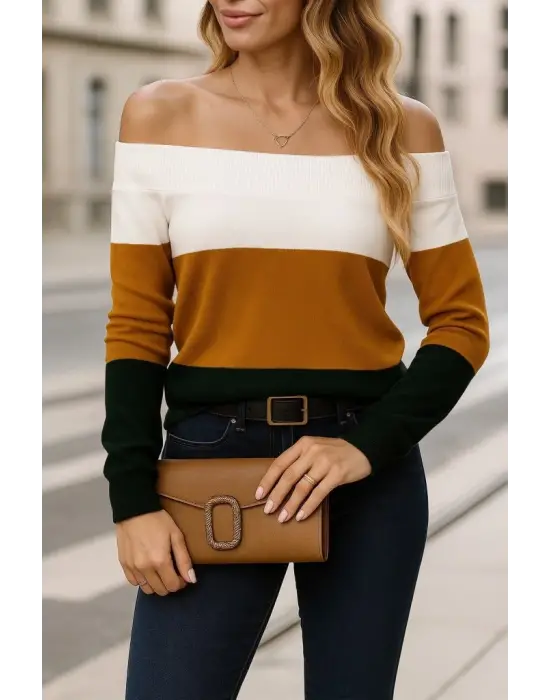 Kadın Uzun Kollu Omuzlardan Açık Uzun Kollu Blok çizgili Triko Bluz
