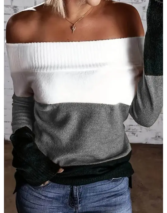 Kadın Uzun Kollu Omuzlardan Açık Uzun Kollu Blok çizgili Triko Bluz