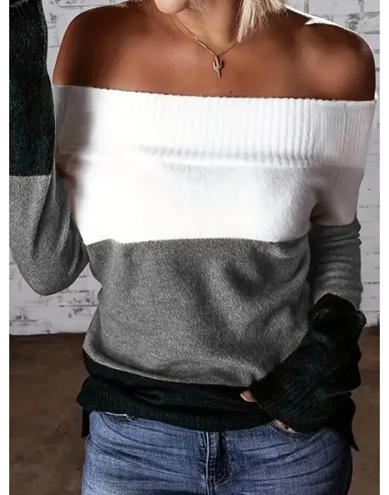 Kadın Uzun Kollu Omuzlardan Açık Uzun Kollu Blok çizgili Triko Bluz